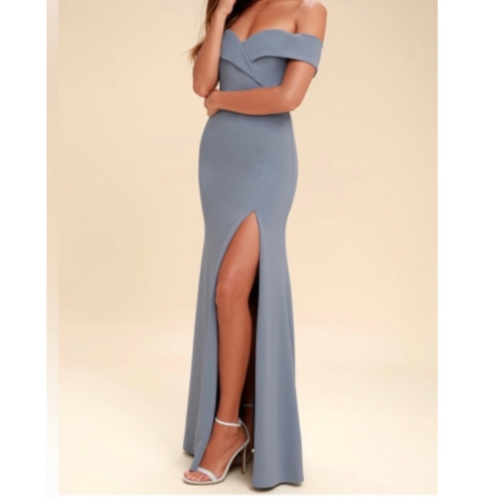 Lulus Song of Love Dusty Blue Off-Shoulder Maxi Dress Wedding Guest Prom Size M